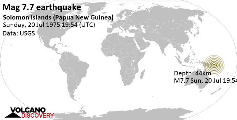 Major magnitude 7.7 earthquake - 107 km southwest of Arawa, Bougainville, Papua New Guinea, on Sunday, July 20, 1975 at 19:54 GMT