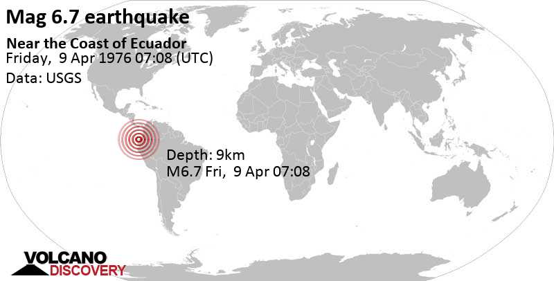 Major magnitude 6.7 earthquake - Atacames, 26 km southwest of Esmeraldas, Ecuador, on Friday, April 9, 1976 at 07:08 GMT