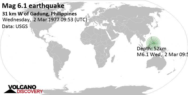 Strong mag. 6.1 earthquake - 75 km southwest of Cotabato City, PH.14.B8, Mindanao Musulman, Philippines, on Wednesday, March 2, 1977 at 09:53 GMT