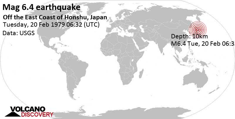 Very strong mag. 6.4 earthquake - 226 km east of Morioka, Iwate, Japan, on Tuesday, February 20, 1979 at 06:32 GMT
