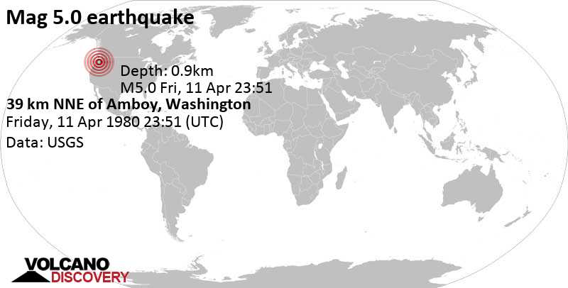 Strong mag. 5.0 earthquake - Skamania County, 46 mi northeast of Vancouver, Clark County, Washington, USA, on Friday, April 11, 1980 at 23:51 GMT