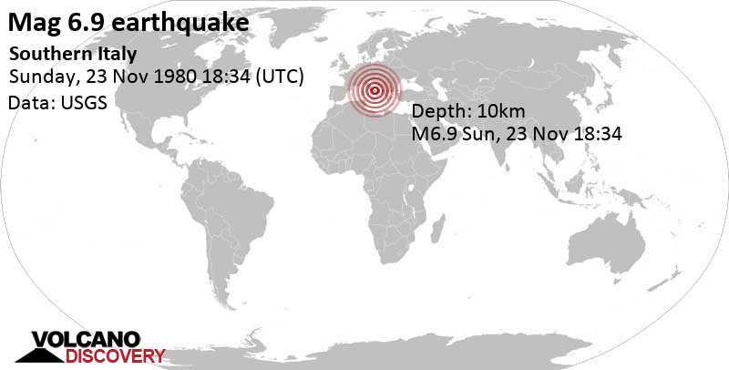 Major magnitude 6.9 earthquake - Provincia di Avellino, 55 km northeast of Salerno, Campania, Italy, on Sunday, November 23, 1980 at 18:34 GMT