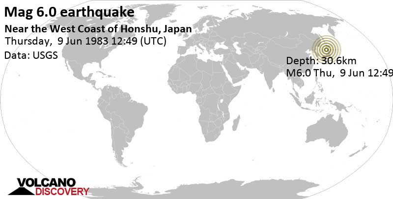 Strong mag. 6.0 earthquake - 85 km west of Noshiro, Akita, Japan, on Thursday, June 9, 1983 at 12:49 GMT