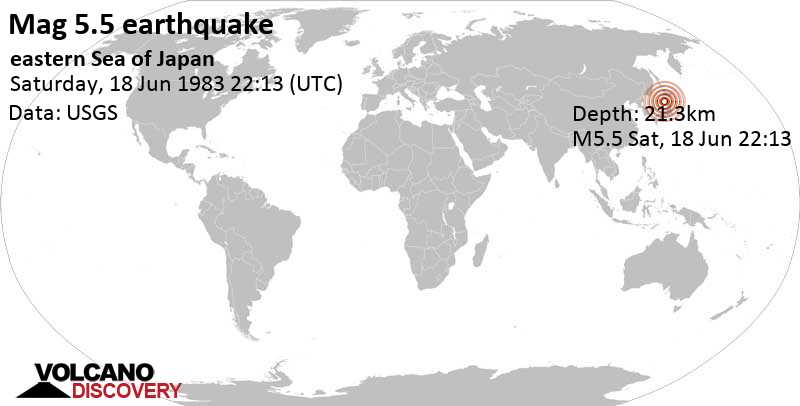 Strong mag. 5.5 earthquake - 92 km west of Noshiro, Akita, Japan, on Saturday, June 18, 1983 at 22:13 GMT