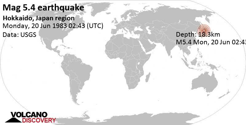 Strong mag. 5.4 earthquake - 123 km west of Hirosaki, Aomori, Japan, on Monday, June 20, 1983 at 02:43 GMT