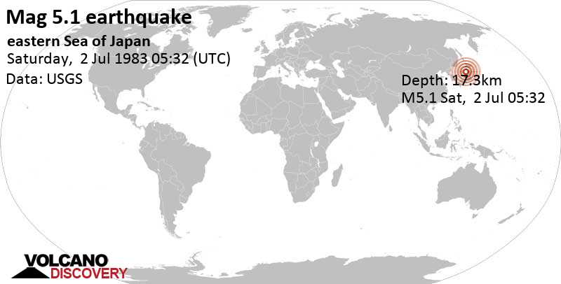Strong mag. 5.1 earthquake - 99 km west of Noshiro, Akita, Japan, on Saturday, July 2, 1983 at 05:32 GMT