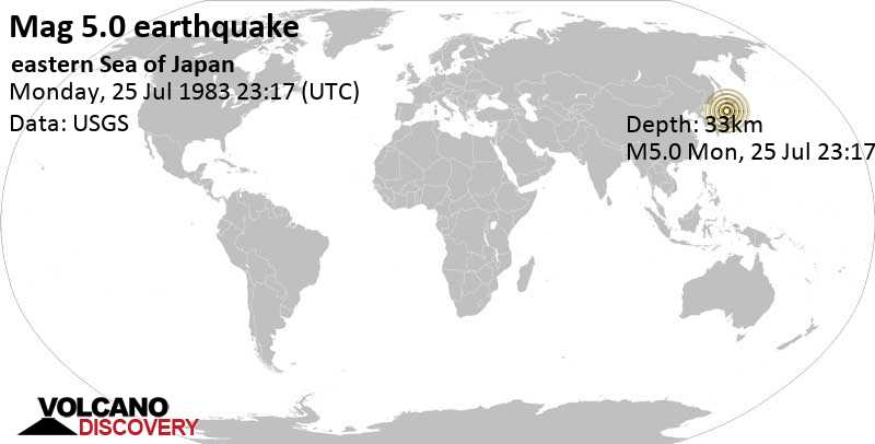 Moderate mag. 5.0 earthquake - 92 km west of Noshiro, Akita, Japan, on Monday, July 25, 1983 at 23:17 GMT