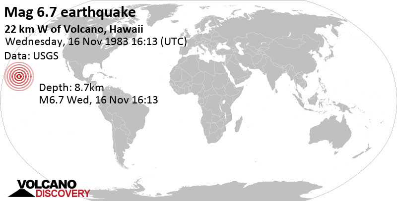 Major magnitude 6.7 earthquake - 16 mi southeast of Hawaii Island, Hawaii County, USA, on Wednesday, November 16, 1983 at 16:13 GMT