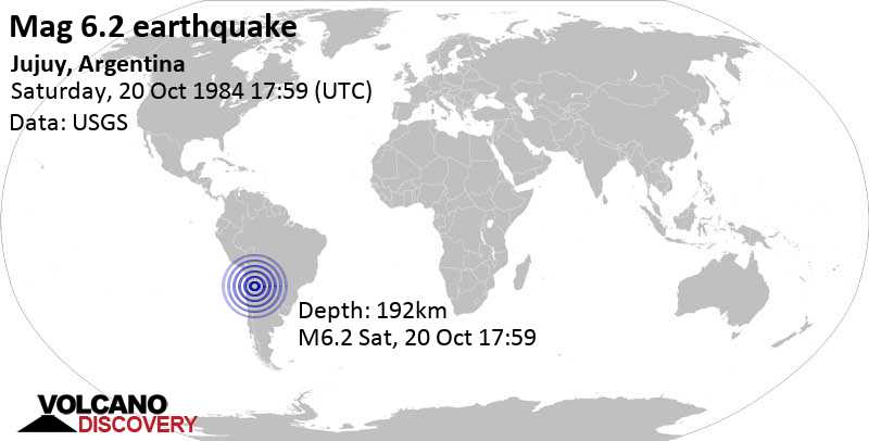 Strong mag. 6.2 earthquake - Departamento de Susques, Jujuy, 55 km west of San Antonio de los Cobres, Departamento de Los Andes, Salta, Argentina, on Saturday, October 20, 1984 at 17:59 GMT
