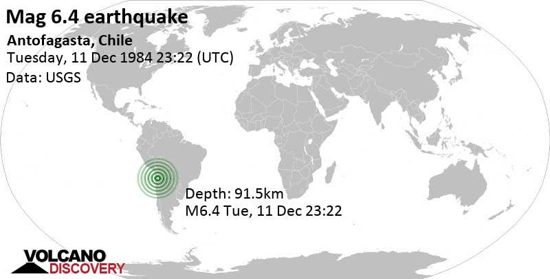 Strong mag. 6.4 earthquake - 34 km east of Calama, Provincia de El Loa, Antofagasta, Chile, on Tuesday, December 11, 1984 at 23:22 GMT