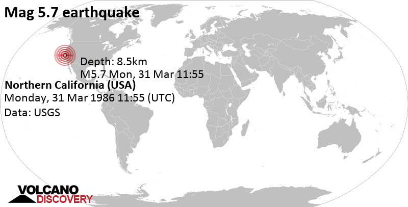 Strong mag. 5.7 earthquake - 15 mi northeast of San Jose, Santa Clara County, California, USA, on Monday, March 31, 1986 at 11:55 GMT