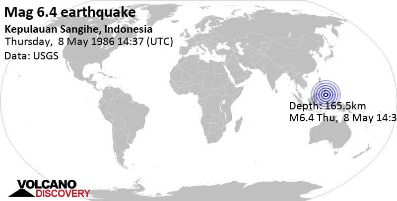 Strong mag. 6.4 earthquake - 50 km northwest of Pulau Dumarehe Island, North Sulawesi, Indonesia, on Thursday, May 8, 1986 at 14:37 GMT