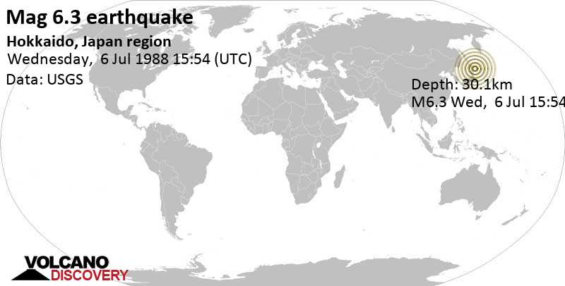 Very strong mag. 6.3 earthquake - 138 km south of Kushiro, Hokkaido, Japan, on Wednesday, July 6, 1988 at 15:54 GMT