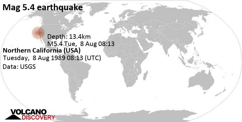 Strong mag. 5.4 earthquake - 13 mi south of San Jose, Santa Clara County, California, USA, on Tuesday, August 8, 1989 at 08:13 GMT