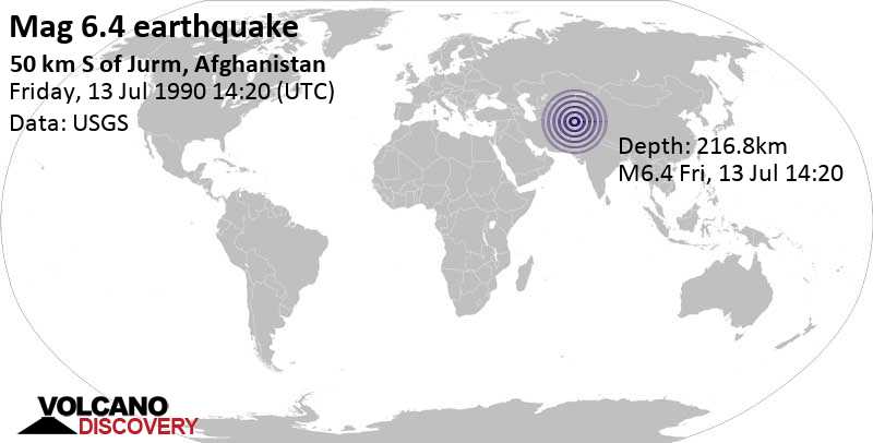 Strong mag. 6.4 earthquake - Yamgān, 80 km south of Faizabad, Faīẕābād, Badakhshan, Afghanistan, on Friday, July 13, 1990 at 14:20 GMT