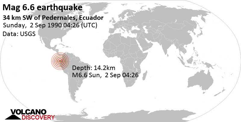 Major magnitude 6.6 earthquake - 53 km north of Caracas, Canton Sucre, Provincia de Manabi, Ecuador, on Sunday, September 2, 1990 at 04:26 GMT