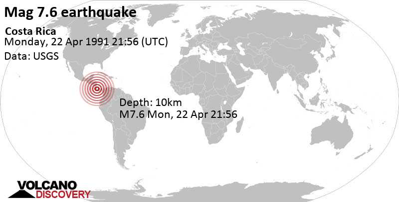Major magnitude 7.6 earthquake - 34 km south of Ciudad de Limon, Costa Rica, on Monday, April 22, 1991 at 21:56 GMT