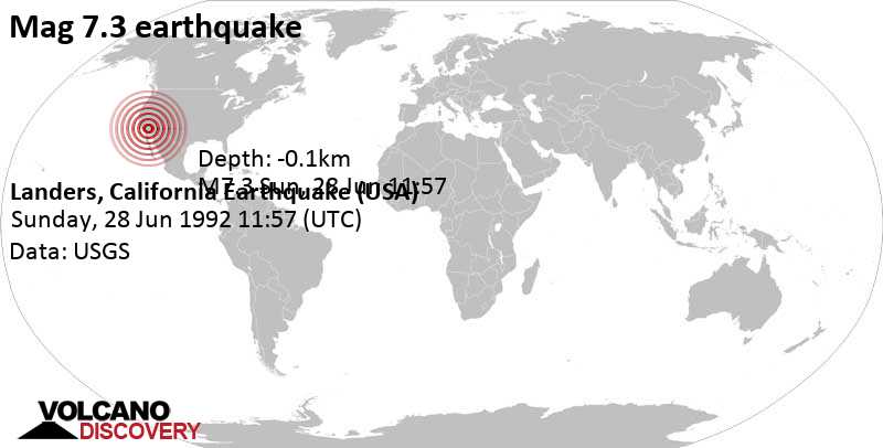 Major magnitude 7.3 earthquake - 5.9 mi north of Yucca Valley, San Bernardino County, California, USA, on Sunday, June 28, 1992 at 11:57 GMT