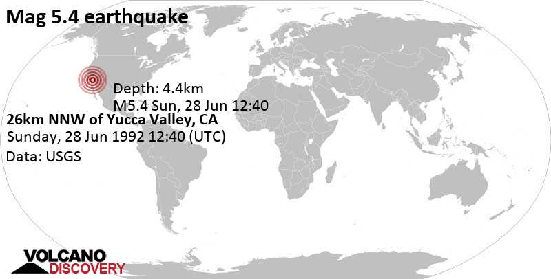 Strong mag. 5.4 earthquake - 47 mi east of San Bernardino, California, USA, on Sunday, June 28, 1992 at 12:40 GMT