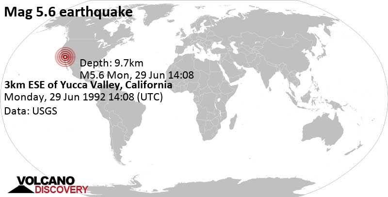 Strong mag. 5.7 earthquake - 1.8 mi east of Yucca Valley, San Bernardino County, California, USA, on Monday, June 29, 1992 at 14:08 GMT