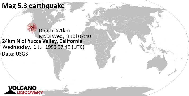 Strong mag. 5.3 earthquake - 50 mi east of San Bernardino, California, USA, on Wednesday, July 1, 1992 at 07:40 GMT