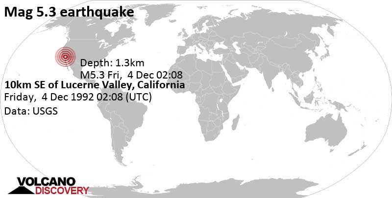 Strong mag. 5.3 earthquake - 29 mi northeast of San Bernardino, California, USA, on Friday, December 4, 1992 at 02:08 GMT