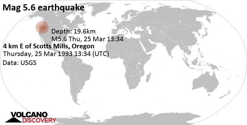 Strong mag. 5.6 earthquake - Clackamas County, 22 mi east of Salem (Oregon), Marion County, Oregon, USA, on Thursday, March 25, 1993 at 13:34 GMT