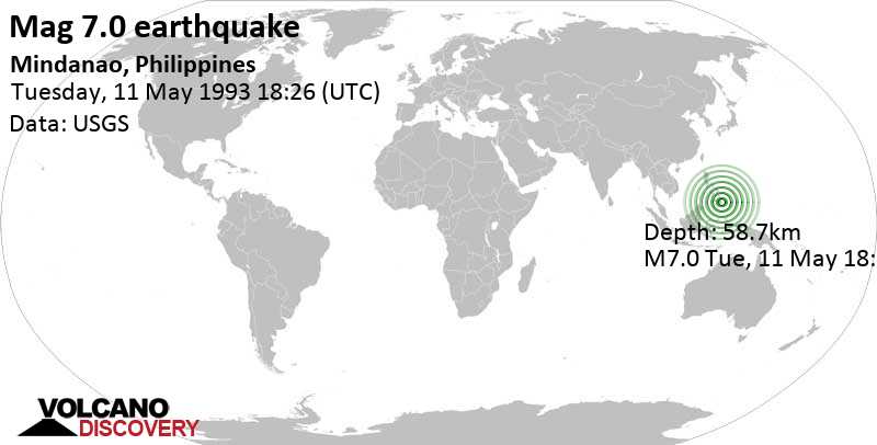 Major magnitude 7.0 earthquake - 49 km northeast of Mati, Province of Davao Oriental, Philippines, on Tuesday, May 11, 1993 at 18:26 GMT
