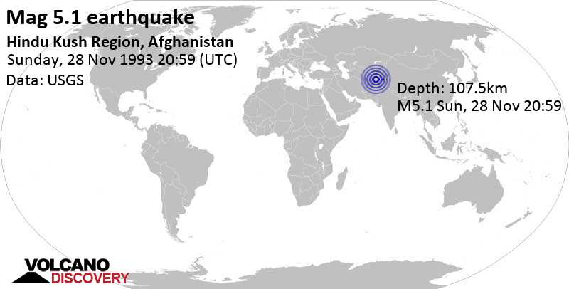 Moderate mag. 5.1 earthquake - Zebak, 97 km southeast of Faizabad, Faīẕābād, Badakhshan, Afghanistan, on Sunday, November 28, 1993 at 20:59 GMT