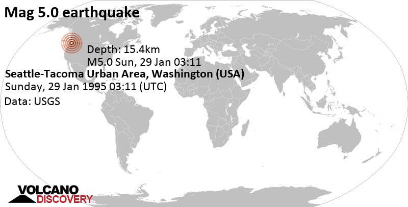 Tremblement de terre fort magnitude 5.0 - 16 km au nord de Tacoma, Comté de Pierce County, Washington, États-Unis, dimanche, le 29 janvier 1995 03:11