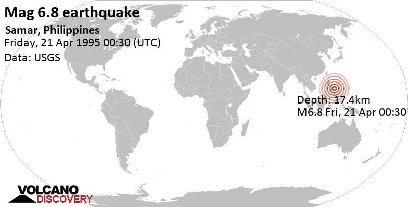 Major magnitude 6.8 earthquake - 58 km east of Samar Island, Province of Samar, Eastern Visayas, Philippines, on Friday, April 21, 1995 at 00:30 GMT