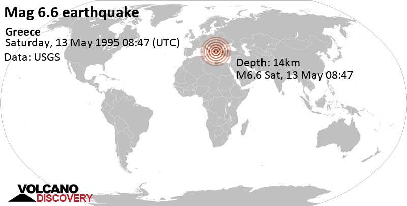 Major magnitude 6.6 earthquake - Grevena, 19 km southwest of Kozani, West Macedonia, Greece, on Saturday, May 13, 1995 at 08:47 GMT