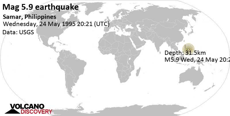 Strong mag. 5.9 earthquake - 79 km north of Borongan City, Eastern Samar, Eastern Visayas, Philippines, on Wednesday, May 24, 1995 at 20:21 GMT