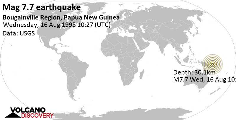 Major magnitude 7.7 earthquake - 59 km southwest of Tanwoa Island, Bougainville, Papua New Guinea, on Wednesday, August 16, 1995 at 10:27 GMT