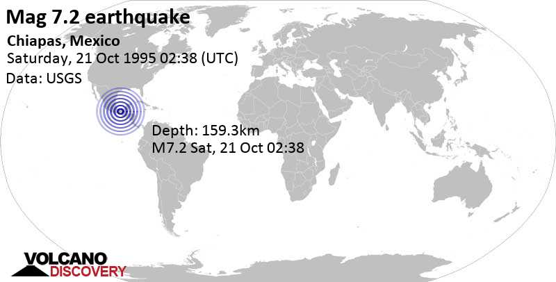 Major magnitude 7.2 earthquake - 13 km northwest of Ocozocoautla de Espinosa, Chiapas, Mexico, on Saturday, October 21, 1995 at 02:38 GMT