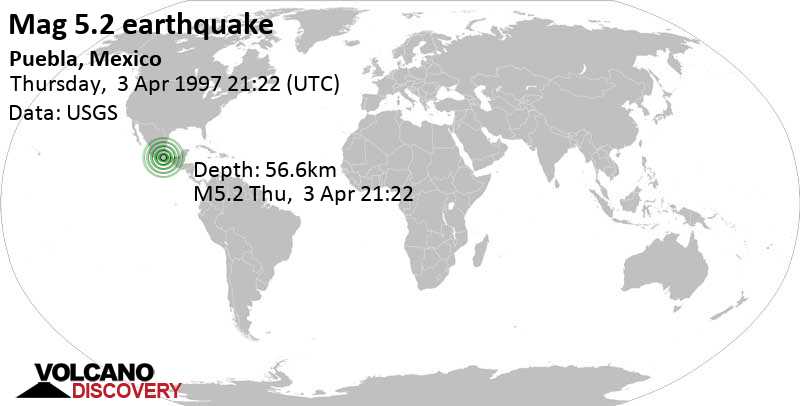 Moderate mag. 5.2 earthquake - Puebla, 60 km northwest of Huajuapan de Leon, Oaxaca, Mexico, on Thursday, April 3, 1997 at 21:22 GMT