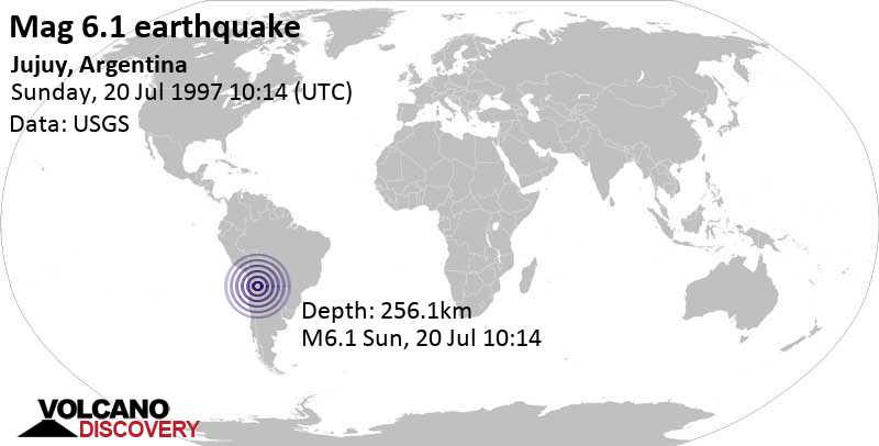 Strong mag. 6.1 earthquake - Departamento de Susques, 68 km southwest of Abra Pampa, Departamento de Cochinoca, Jujuy, Argentina, on Sunday, July 20, 1997 at 10:14 GMT