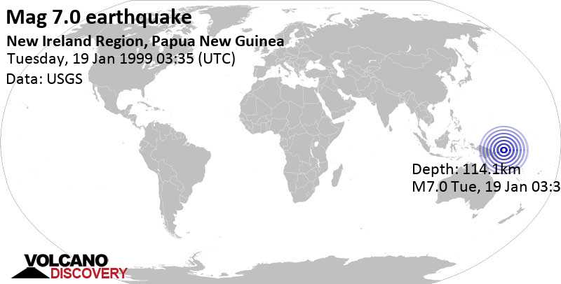 Major magnitude 7.0 earthquake - 111 km east of Kokopo, East New Britain Province, Papua New Guinea, on Tuesday, January 19, 1999 at 03:35 GMT