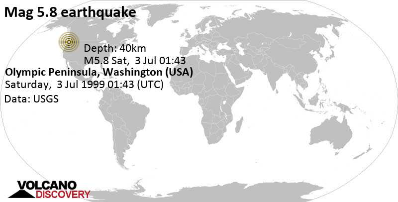 Tremblement de terre fort magnitude 5.8 - Comté de Grays Harbor County, 47 km à l\'ouest de Harstine , Comté de Mason County, Washington, États-Unis, samedi, le 03 juillet 1999 01:43