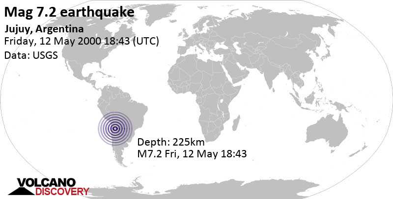 Major magnitude 7.2 earthquake - Departamento de Susques, 138 km northwest of Jujuy, Departamento de Doctor Manuel Belgrano, Jujuy, Argentina, on Friday, May 12, 2000 at 18:43 GMT