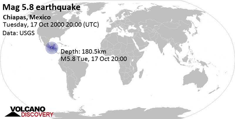 Moderate mag. 5.8 earthquake - Amatenango de la Frontera, 17 km southeast of Comalapa, Chiapas, Mexico, on Tuesday, October 17, 2000 at 20:00 GMT