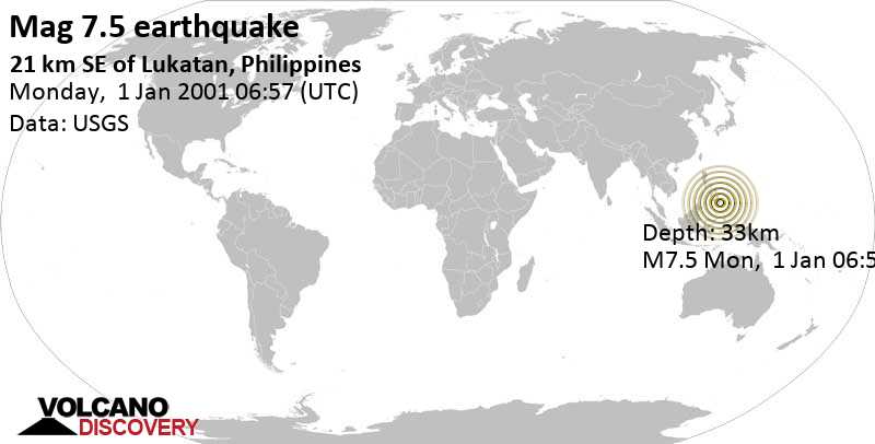 Major magnitude 7.5 earthquake - 41 km east of Mati, Province of Davao Oriental, Philippines, on Monday, January 1, 2001 at 06:57 GMT