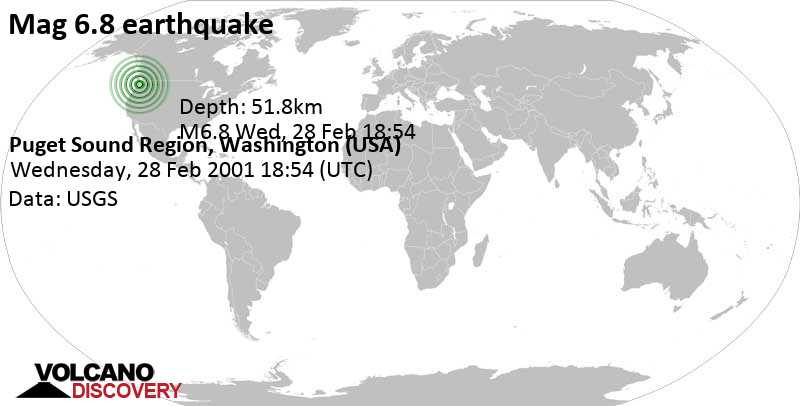 Very strong mag. 6.8 earthquake - Harstine Island, 15 mi southwest of Tacoma, Pierce County, Washington, USA, on Wednesday, February 28, 2001 at 18:54 GMT
