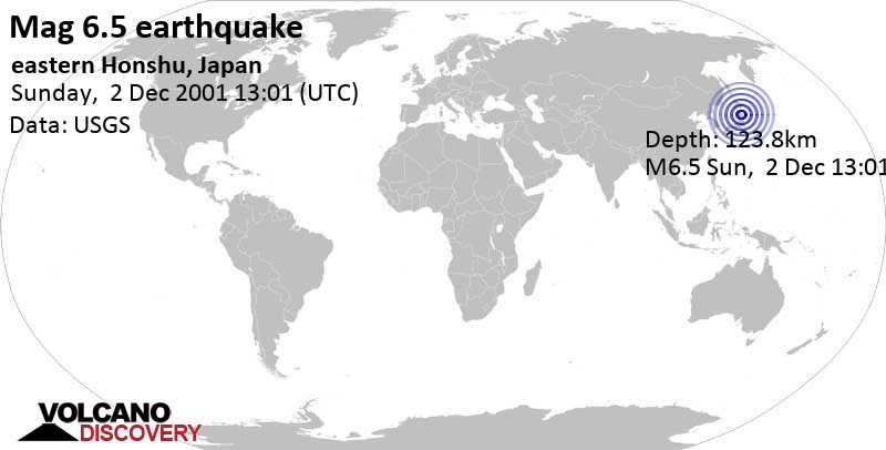 Strong mag. 6.5 earthquake - 3.2 km northwest of Hanamaki, Iwate, Japan, on Sunday, December 2, 2001 at 13:01 GMT