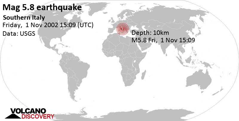 Strong mag. 5.8 earthquake - Provincia di Campobasso, Molise, 64 km northwest of Foggia, Apulia, Italy, on Friday, November 1, 2002 at 15:09 GMT