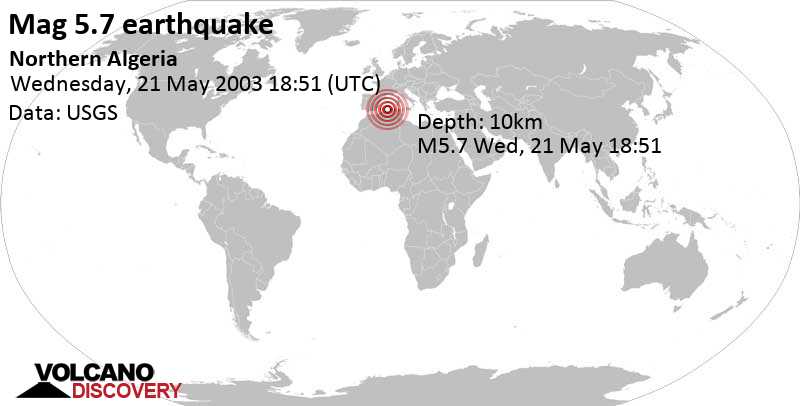 Strong mag. 5.7 earthquake - 36 km northeast of Djezirat el Kadra Island, Boumerdes, Algeria, on Wednesday, May 21, 2003 at 18:51 GMT