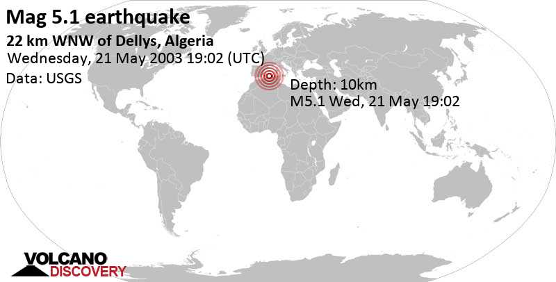Strong mag. 5.1 earthquake - 30 km northeast of Djezirat el Kadra Island, Boumerdes, Algeria, on Wednesday, May 21, 2003 at 19:02 GMT
