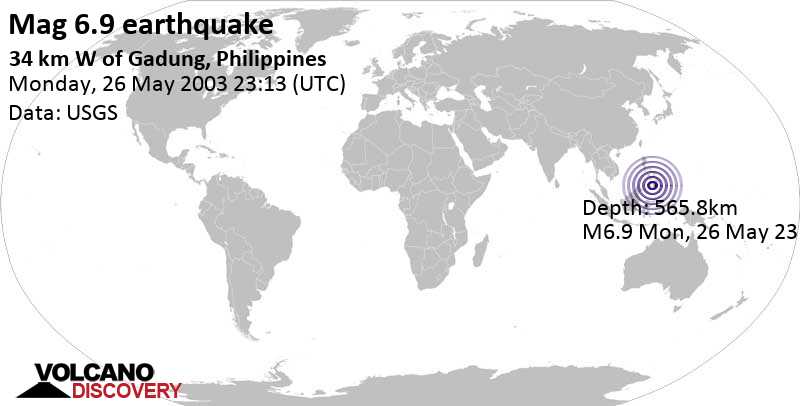 Strong mag. 6.9 earthquake - 79 km southwest of Cotabato City, PH.14.B8, Mindanao Musulman, Philippines, on Monday, May 26, 2003 at 23:13 GMT