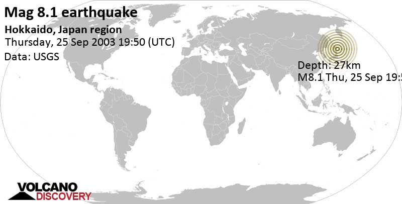 Major magnitude 8.2 earthquake - 135 km south of Kushiro, Hokkaido, Japan, on Thursday, September 25, 2003 at 19:50 GMT