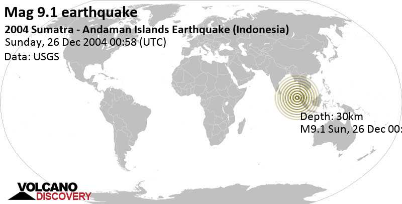 Major magnitude 9.1 earthquake - 96 km south of Meulaboh, Kabupaten Aceh Barat, Indonesia, on Sunday, December 26, 2004 at 00:58 GMT